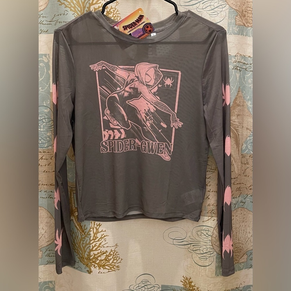 NWT Spider Gwen Marvel Girls Large Sheer Gray Pink Logo Crew Top Lightweight